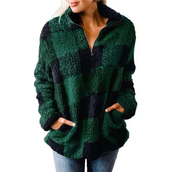Women's Plaid Long Sleeve Zipper Sherpa Fleece Sweatshirt Pullover - Picture 1 of 7